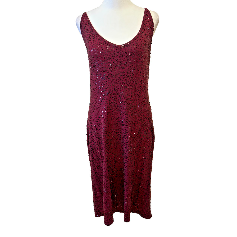 Vintage Spiegel Burgundy Midi Dress Size XL Sequins Silk Cashmere Blend Holiday